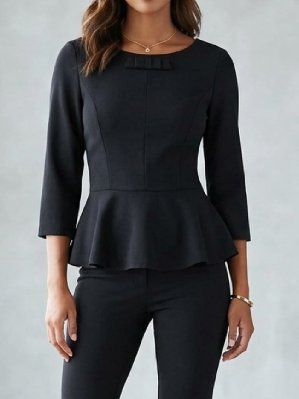 Forever 21 Black Bow Accent Peplum Blouse 3/4 Sleeve, S